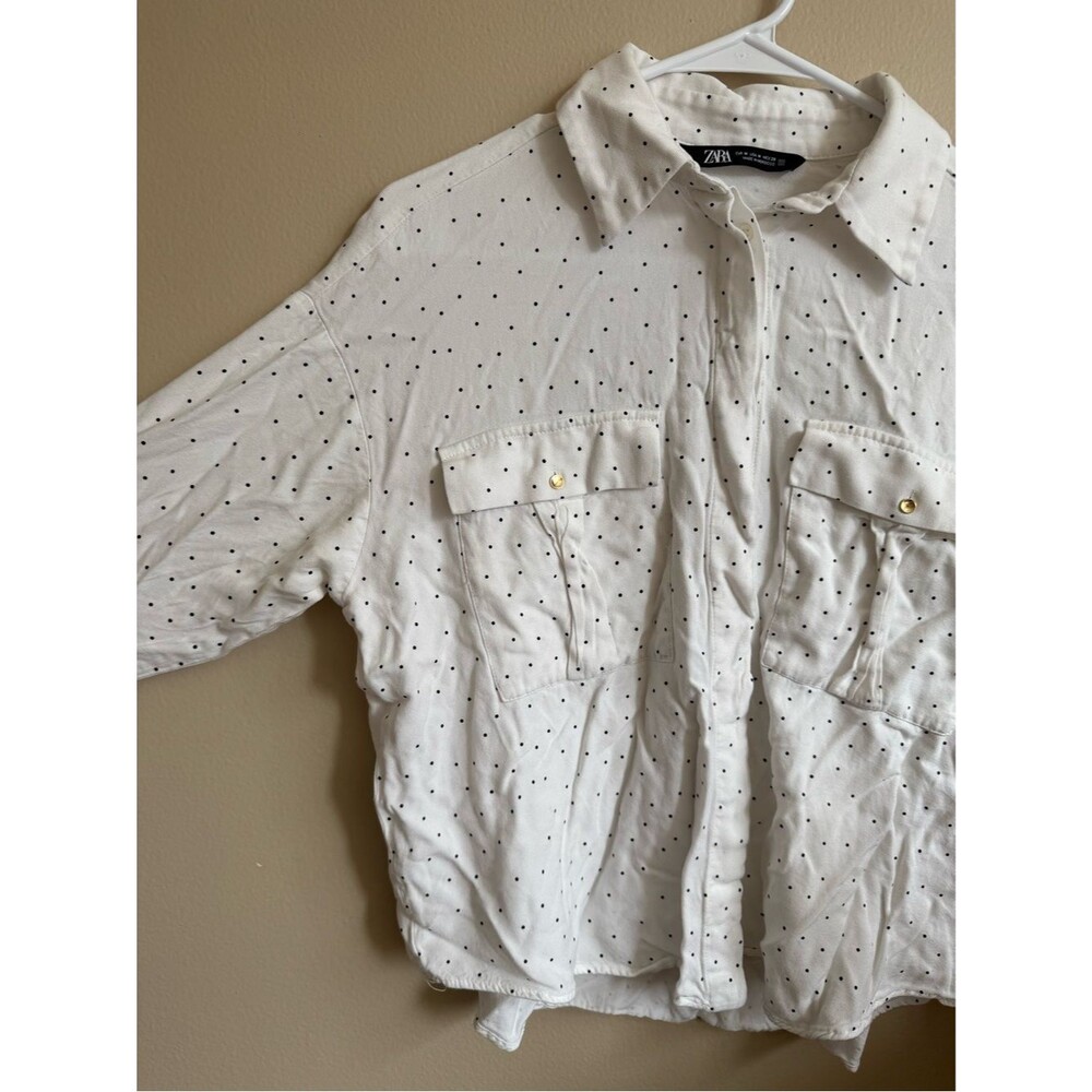 Zara White Polka Dot Button Up Blouse Womens Medium